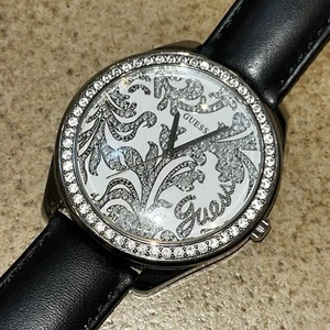 Guess Rhinestone Quartz Watch 44mm Black Leather Band U90033L2 Japan Movement - Picture 1 of 10