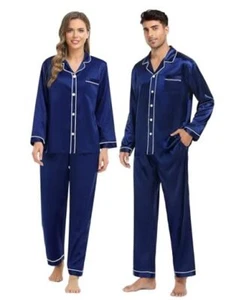 Couples Silk Satin Pajamas Sets Long Sleeve Sleepwear 2 XX-Large Men Navy Blue - Picture 1 of 7