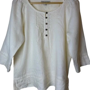 Jones New York Sport Petite Top Beige Pintuk 3/4 Sleeve 100% Linen Size PL - Picture 1 of 8