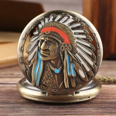 Men Native American Quartz Pocket Watch Bronze Pendant Necklace Chain Gift NEW - Image 1 of 4