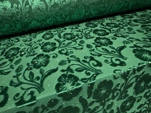 Devoré Velour Fabric With Diamanté Sparkle, Per Metre - Floral - Green - Picture 1 of 4