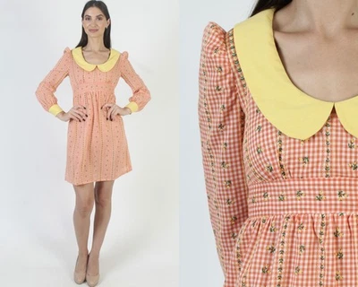 Vtg 70s Peter Pan Collar Dress Autumn Fall Calico Floral Prairie Peasant Mini - Image 1 of 4