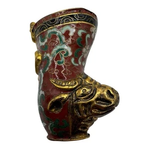 2.25” Chinese Cloisonné Bull Head Figurine - Red with Gold Accents - Picture 1 of 7