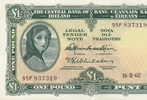 1962 CENTRAL BANK OF IRELAND 1 POUND P-64a, ~Sig. 1~ **RARE** (( aUNC )) - Foto 1 di 7