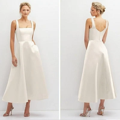 NWT Dessy Collection Square Neck Satin Twill Midi Dress Gown Size 8 Ivory 3140 - Image 1 of 4