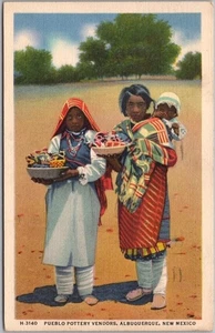 ALBUQUERQUE, NM Fred Harvey Postcard "PUEBLO POTTERY VENDORS" Linen 1941 Cancel - Picture 1 of 2