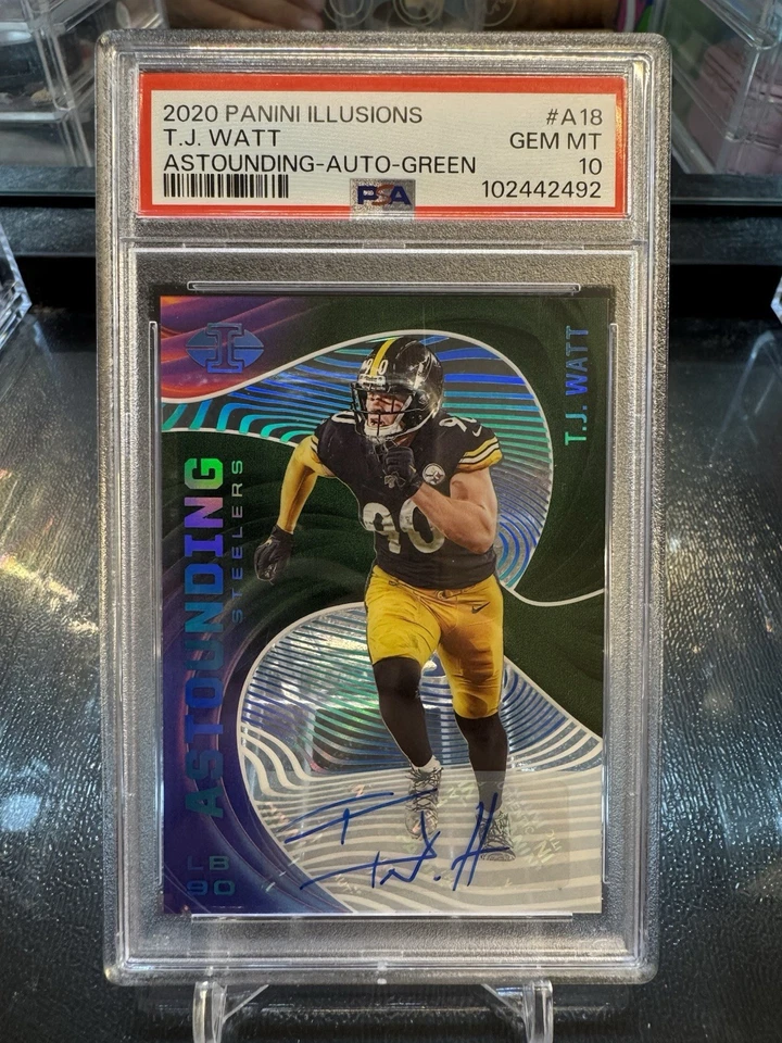 2020 PANINI ILLUSIONS T.J. WATT ASTOUNDING AUTO GREEN /10 PSA 10 - Image 1 of 2