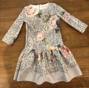 Monnalisa Mädchen Kleid Blumen Rüschen Elasthan Langarm Größe 6 Made in Italy - Bild 1 von 9