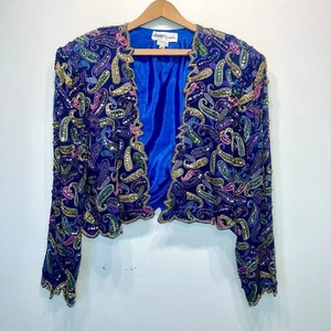 Jasdee Colorful Vintage Beaded Bolero Jacket Hand Work Pure Silk Made in India - Picture 1 of 9