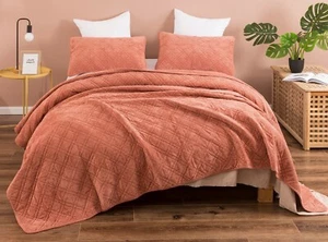 DaDa Bedding Terracotta Brick Coral Orange Soft Velour Corduroy Bedspread Set - Picture 1 of 7