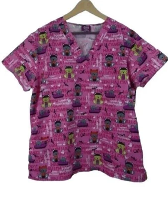 Divine Curves Women's Halloween Scrub Top Pink Size 1X Kitty Cat Short Sleeve  - Image 1 of 4
