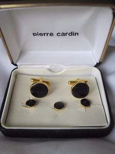 Pierre Cardin Cufflinks & Studs, Round, Gold-Tone and Onyx, NOS - Picture 1 of 5