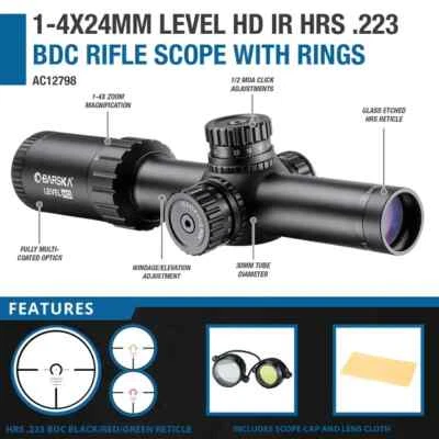 Mira para rifle Barska Zoom 1-4x 24 mm 223 nivel de retícula HD BDC AC12798 + 2X anillos Foto 1 de 4