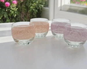 4 Lowball Roly Poly Glasses 2 Pink 2 Lavender Textured Stripes MCM Vintage - Picture 1 of 7