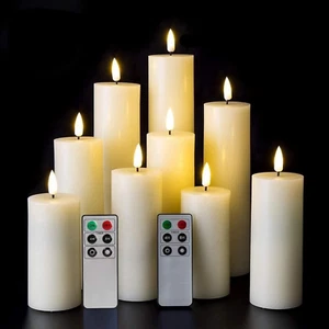 Realistische elfenbeinfarbene schmale flammenlose Stumpenkerzen mit Fernbedienung, Echtwachs flackernde Ta - Bild 1 von 7