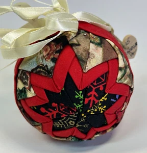 In tessuto trapuntato fatto a mano ornamento albero di Natale sfera 3" con appendiabiti a nastro - Foto 1 di 12