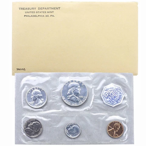 1961 (P) Proof Set Original Envelope 90% Silver US Mint 5 Coins Cover