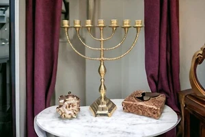 Menorah Brass Temple XL Jerusalem  Seven 7 Branch  17"  -44Cm Gold Candel Holder - Picture 1 of 8