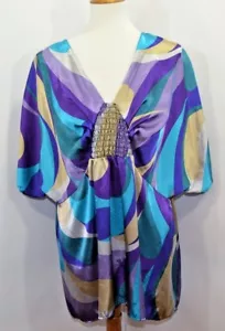 VTG Lane Bryant Silky Blouse Purple Gold Blue Flowy Women's 18/20 Made in USA - Bild 1 von 9