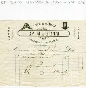 Dépt 33 - Libourne 2 Place du Théâtre - Belle Entête Fabricant Chapelier de 1860 - Picture 1 of 1