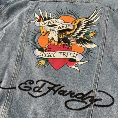 Ed Hardy Denim Jacket Mens XL Blue Brave Hearts Stay True Eagle Tattoo Art - Image 1 of 4