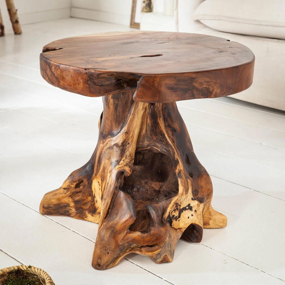 Massiver Teakholz Beistelltisch ROOT 40cm -  Hocker aus Wurzelholz - Rund - Bild 1 von 4