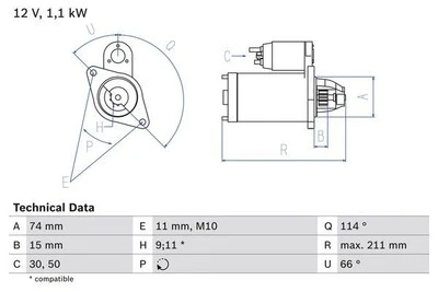 BOSCH Starter Motor for Toyota Corolla Liftback 1.6 Feb 2000 to Feb 2002 - Image 1 of 4