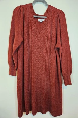 Loft Plus Women's Rust Red Sweater Dress Shift V-Neck Cable Knit Size 16-18 - Image 1 of 4