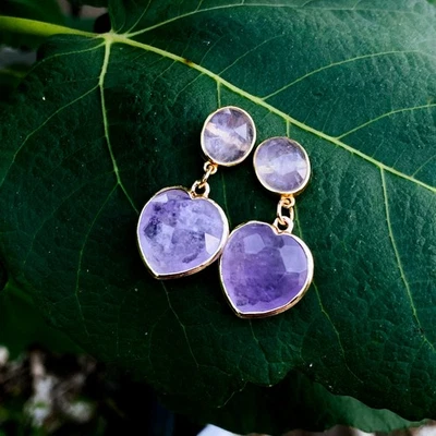 Aretes colgantes con forma de corazón de amatista púrpura natural joyería de aniversario Foto 1 de 4