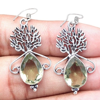 Green Amethyst Gemstone Handmade Gift For Her Silver Jewelry Earrings 1.5'' - Image 1 of 4