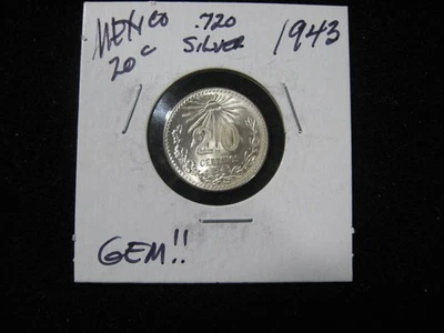 1943 MEXICO 20 CENTAVOS SILVER SUPER NICE GEM!! - Image 1 of 2
