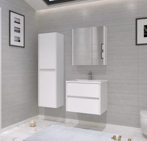 Badmöbel-Set: Spiegel, 85cm Schrank, Waschbecken, SIDE Sockel weiß ORKA - Bild 1 von 6