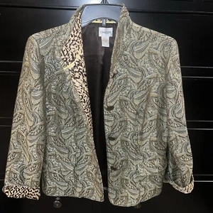 Chico's Size 0 (XS 4/6) Blazer/Jacket Jacquard Mandarin Collar Pale Grn Leopard - Picture 1 of 9