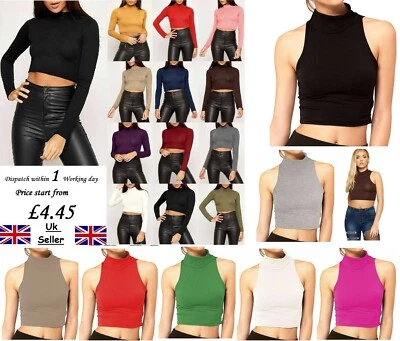 LADIES WOMENS LONG SLEEVE CROP TOP POLO TURTLE  ROLL NECK T SHIRT JUMPER - Image 1 of 3