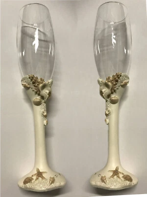 Тост флейты невеста жених свадьба шампанское стеклянная посуда пляжная тема ракушка - Изображение 1 из 4