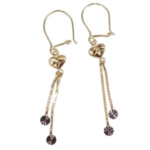 Solid 14K Yellow White Gold Heart Love Long Dangle Hook Earrings - Picture 1 of 4