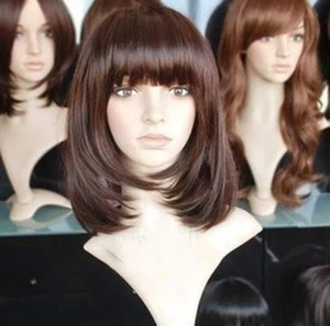 Modische mittellange dunkelbraune Bob gerade Damen Frauen Haar Perücke volle Perücken + Kappe - Bild 1 von 3