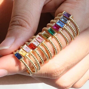 Minimalistische offene Ringe geometrisch Geburtsstein CZ 18k vergoldet Gold Schmuck Geschenk - Bild 1 von 30