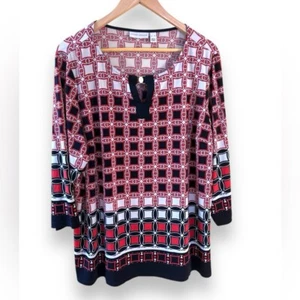 SUSAN GRAVER - 3/4 Sleeve Geometric Tunic Blouse - Size XL - Red/White/Black - Picture 1 of 6