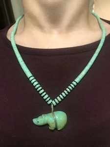 Vtg Silver Navajo Turquoise Graduated Disc Polar Bear Pendant 22” Necklace 31g - Picture 1 of 11