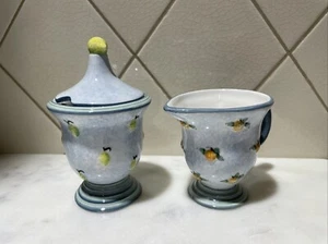Sakura Ceramic Small Pedestal Sugar Bowl & Creamer 3D Lemon & Orange Baby Blue - Picture 1 of 15