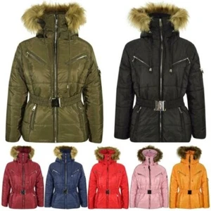 Kids Girls Jacket Puffer Hooded Faux Fur Padded Zipped Belted Slim Fit Warm Coat - Picture 1 of 54