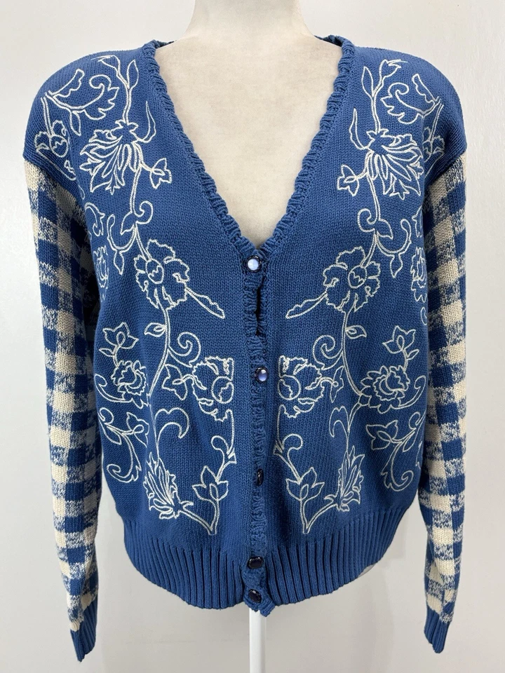 Cardigã suéter vintage Liz Golf tamanho médio feminino azul floral Gingham Cottagecore - Imagem 1 de 4