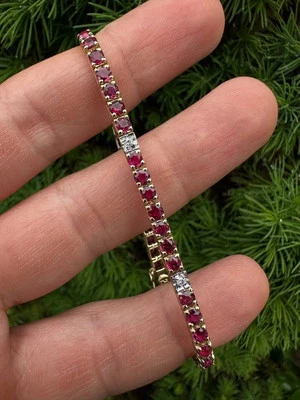 10Ct Round Cut Natural Red Ruby & Diamond Tennis Bracelet 14K Real Yellow Gold - Image 1 of 4