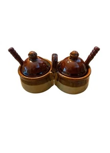 Vintage Stoneware Double Condiment Brown Drip Crock Set With Spoons - Picture 1 of 14