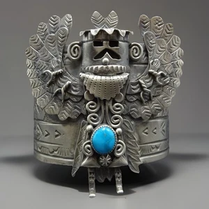 Brazalete Navajo TAWNEY WILLIE TURQUESA Plata Esterlina Enorme AGUILA KACHINA - Imagen 1 de 12