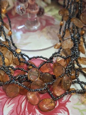 Mint Velvet Statement layered multi strand amber & gold tone glass Bead Necklace - Image 1 of 4