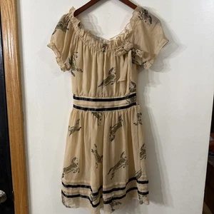 Womens Sz Small Horse Print Dress  Equestrian Western Sheer Overlay Beige - Picture 1 of 7