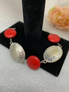 Red Howlite and Silver Accent Bracelet 7" - Picture 1 of 2