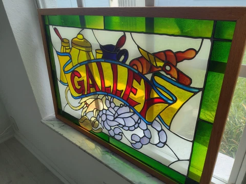 VTG STAINED GLASS WINDOW PANEL HAND PAINTED "GALLY" RESTAURANT/BOAT/KITCHEN Cover